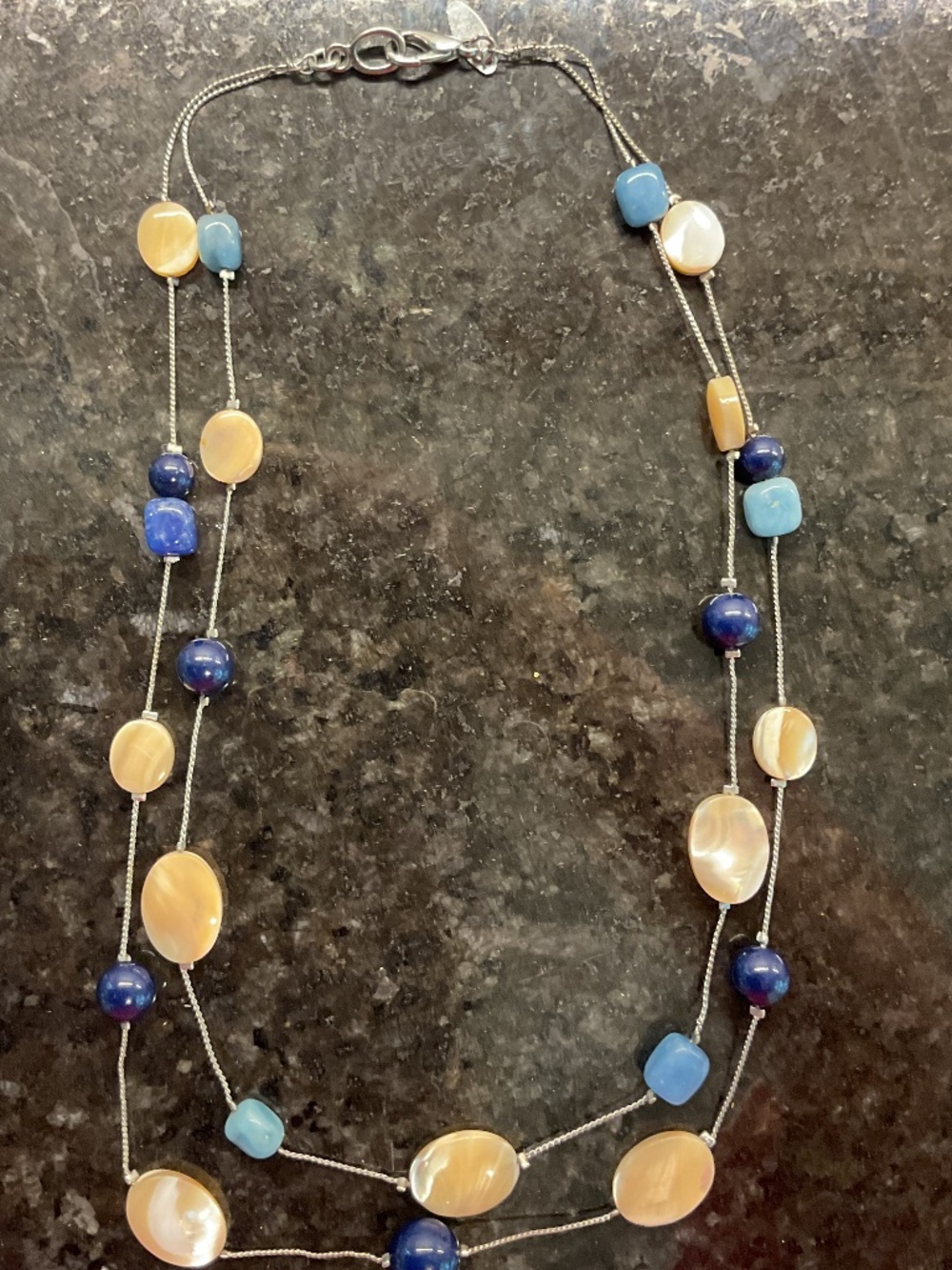 Silver Double Layer Blue and Ivory Beaded Necklace